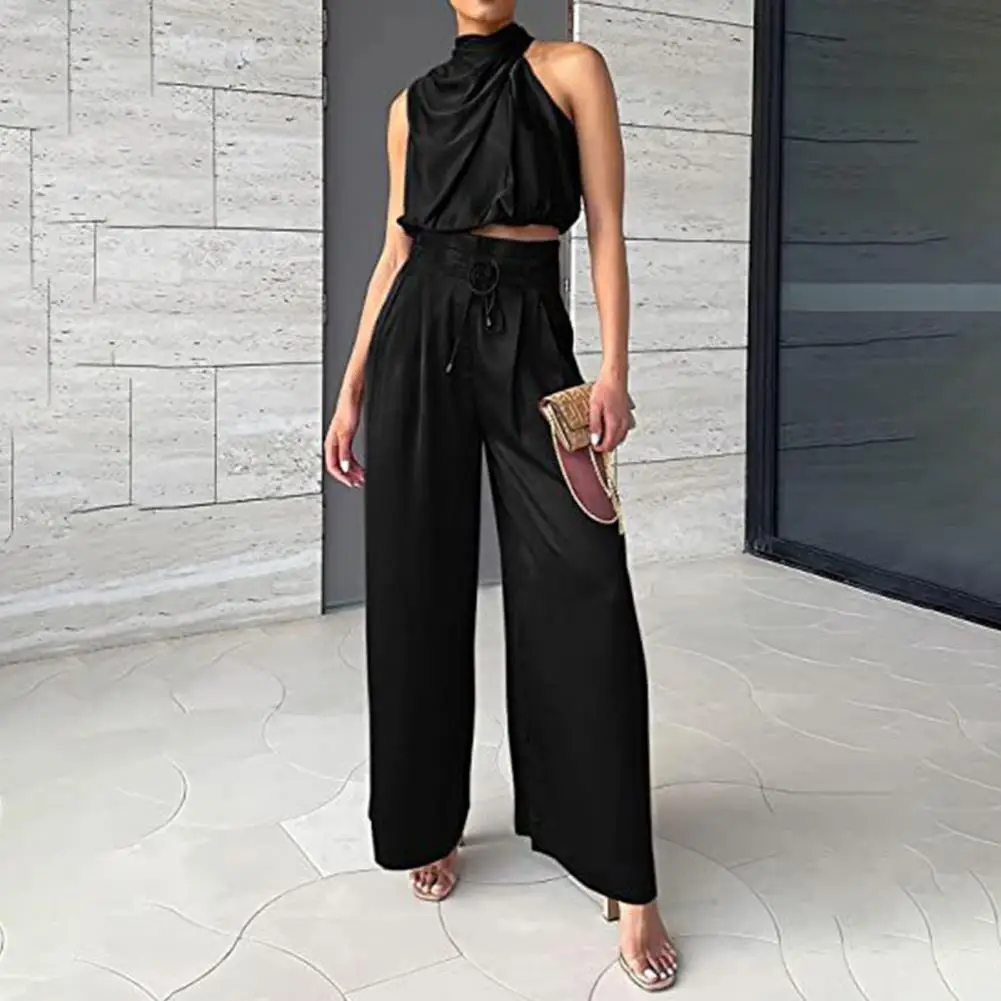 Women\'s Two Piece Pants Sets Outfit Silk Pleated Sleeveless Top Wide Leg Pants Set Summer Matching Sets 2024