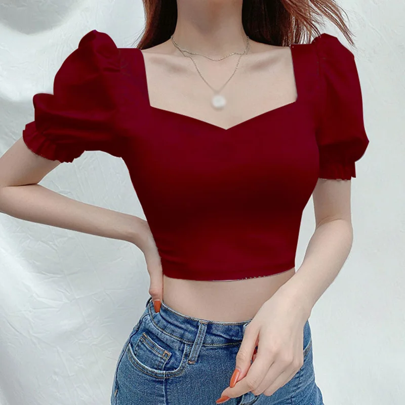 Women Crop Top Puff Short Sleeve Square Collar Vintage Style Ladies Solid Color Puff Sleeves Pullover Tee