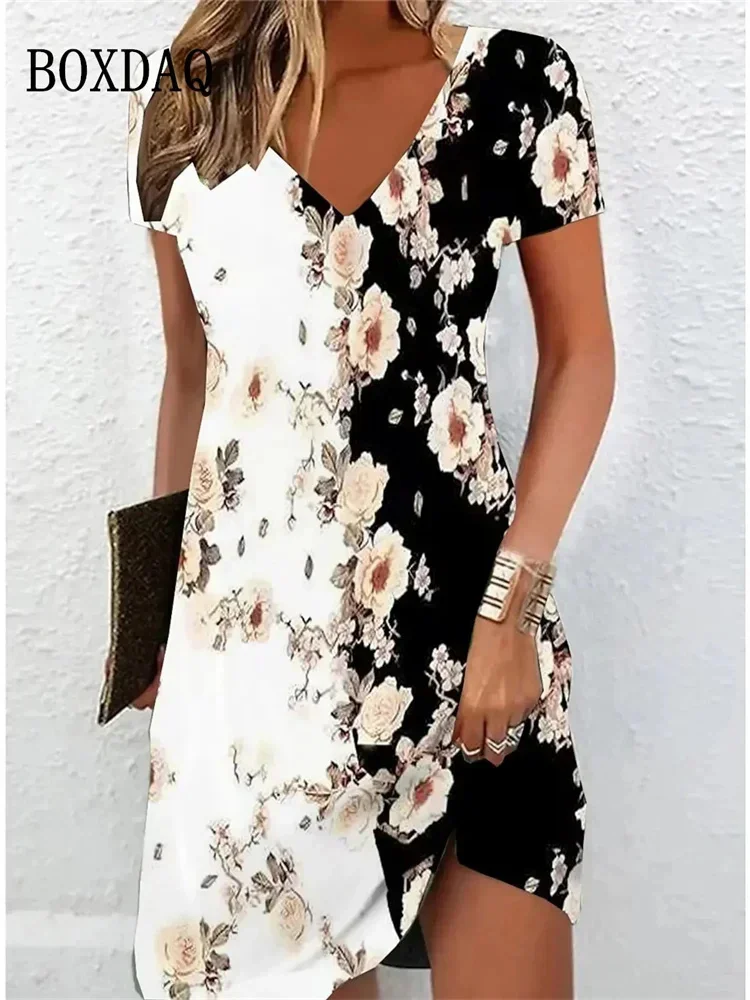 Women Dresses Summer Pullover Short Sleeve Plus Size Dress Casual Trend Loose V-Neck Ladies Contrast Color Flower Print Clothing