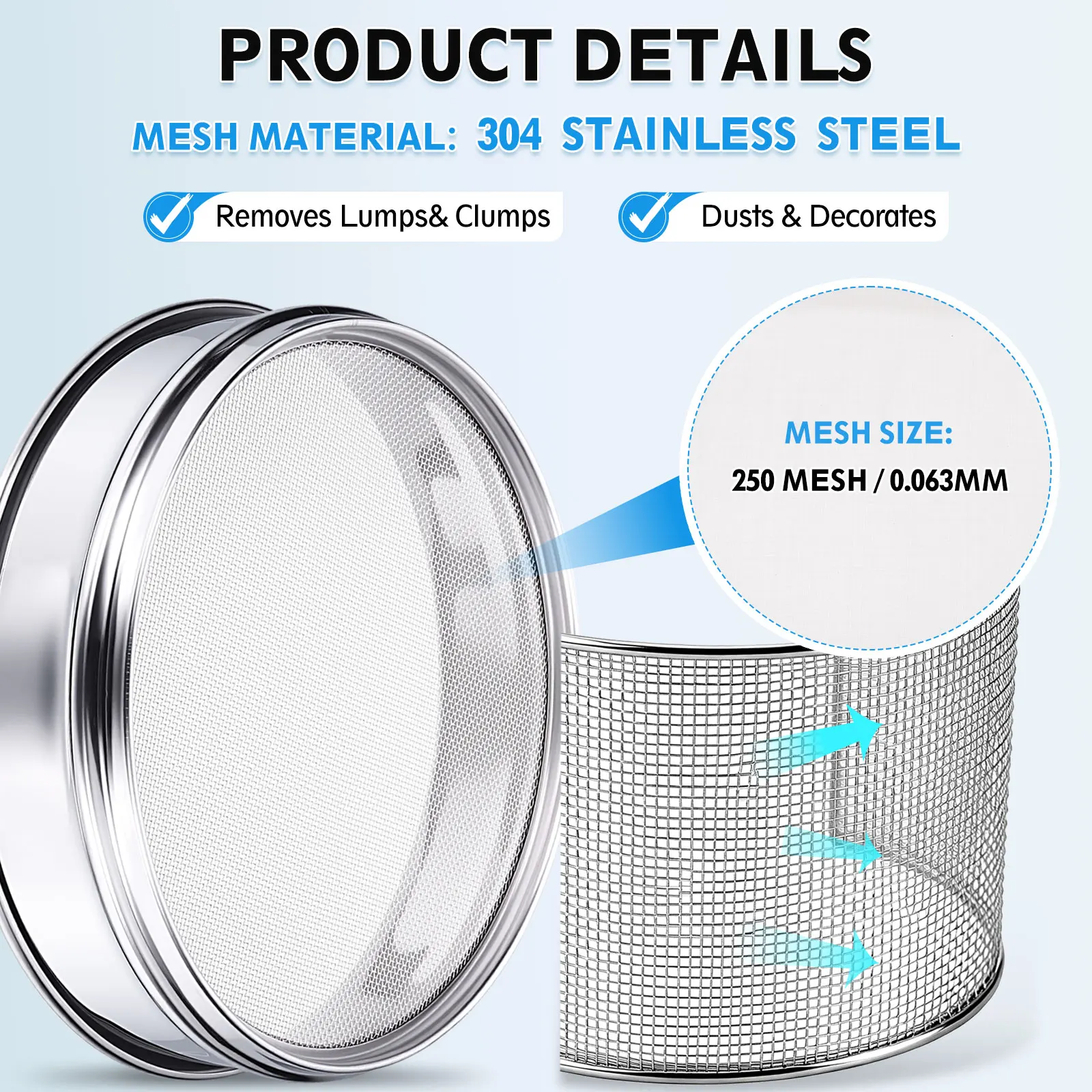 250-500Mesh Lab Sieve 10cm/20cm Dia Sifting Screen 304 Stainless Steel Wire Cloth Fine Mesh Sieve for Industrial Laboratory Home