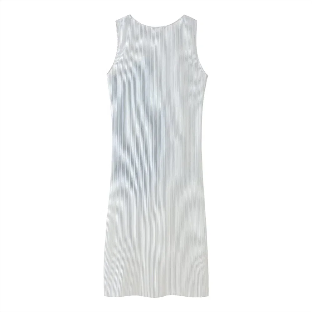 PB&ZA 2024 Spring New Women\'s Fashion temperament casual versatile pleated positioning printed round neck sleeveless dress
