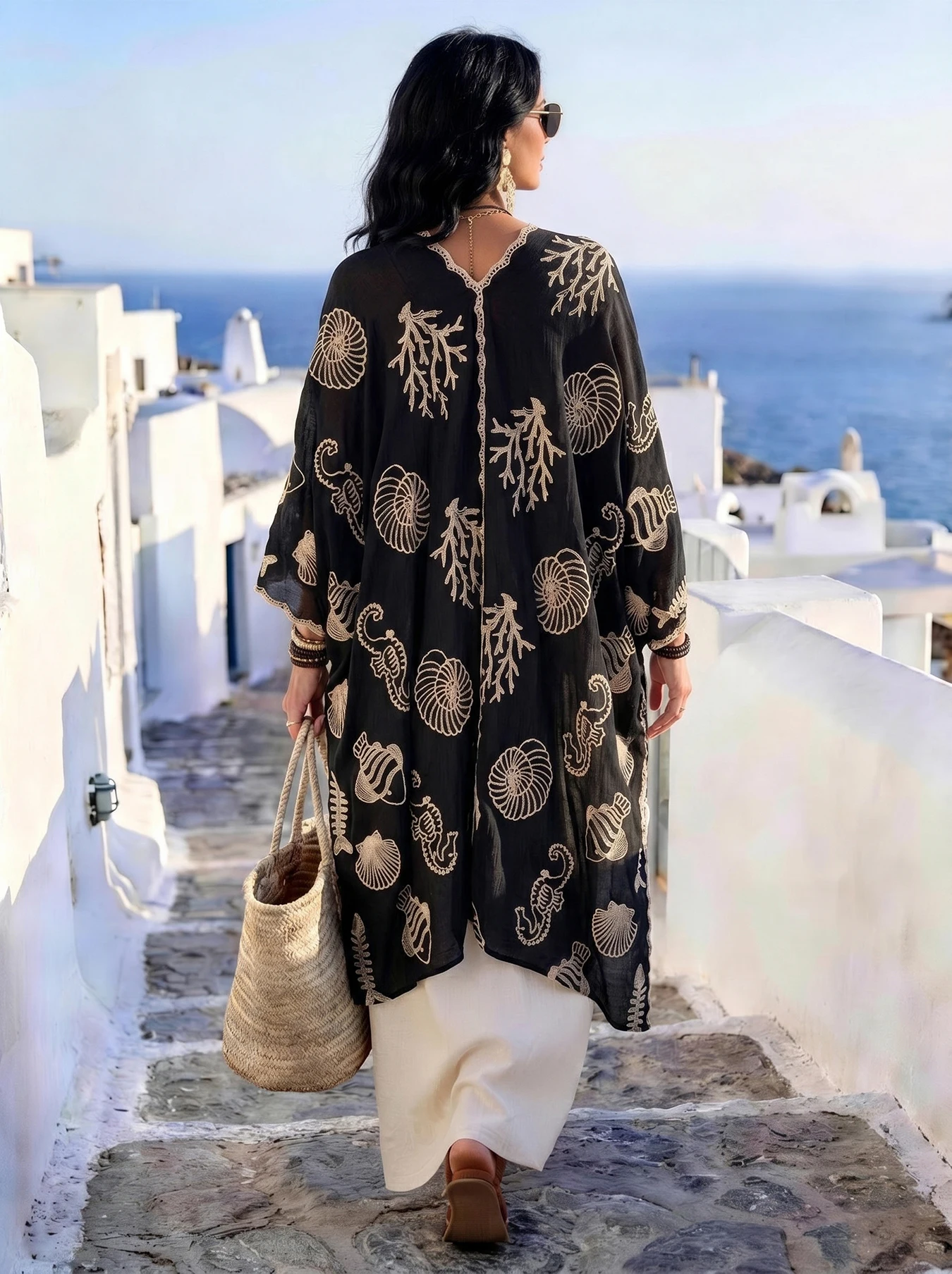 Boho Sea Life Embroidered Kimono Cardigan, Lightweight Open Front Cover Up, Lace Trim Beach Vacation Robe for Women