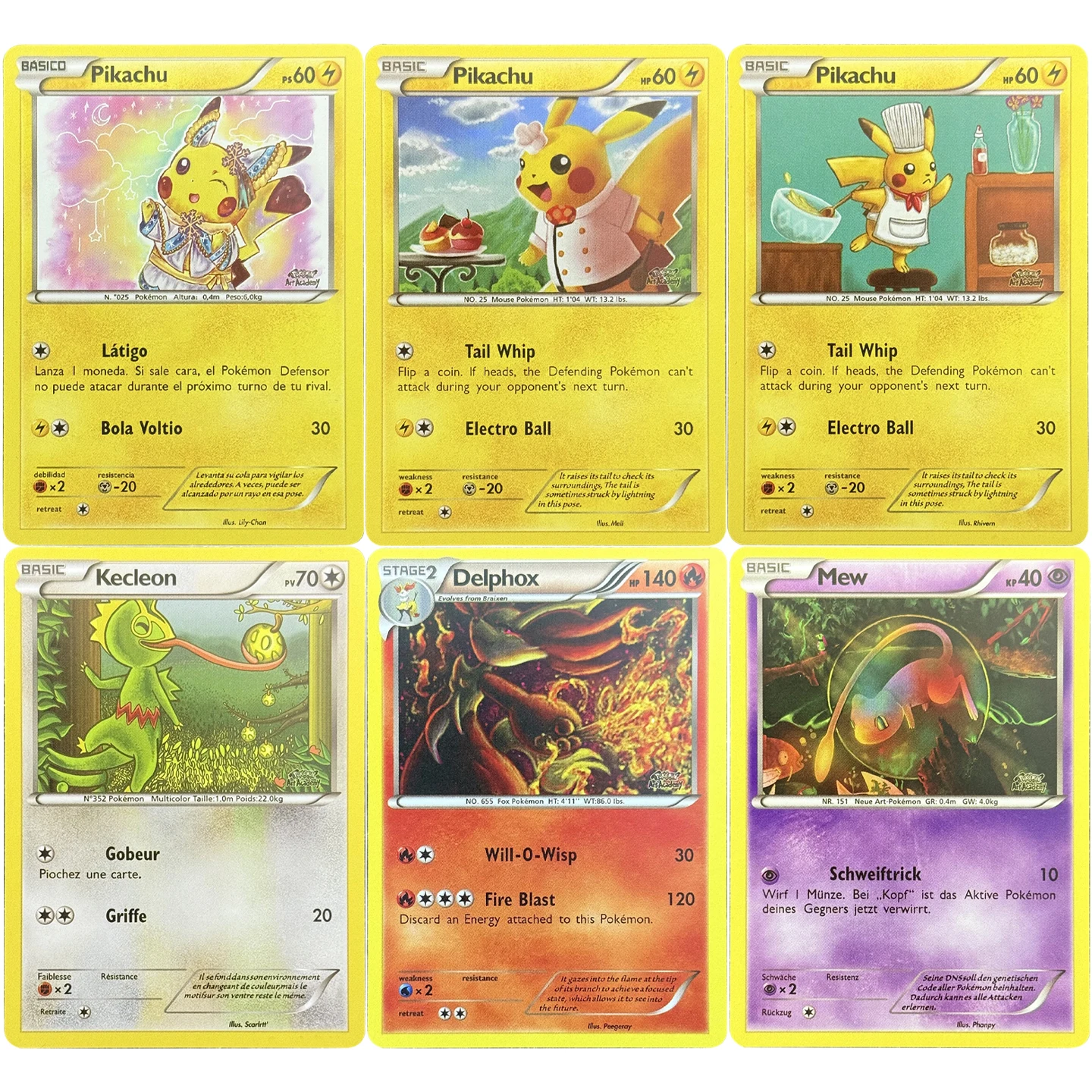 English Poke Art Academy Competition Collectible Cards Pik Mew Kecleon Delphox Proxy Card