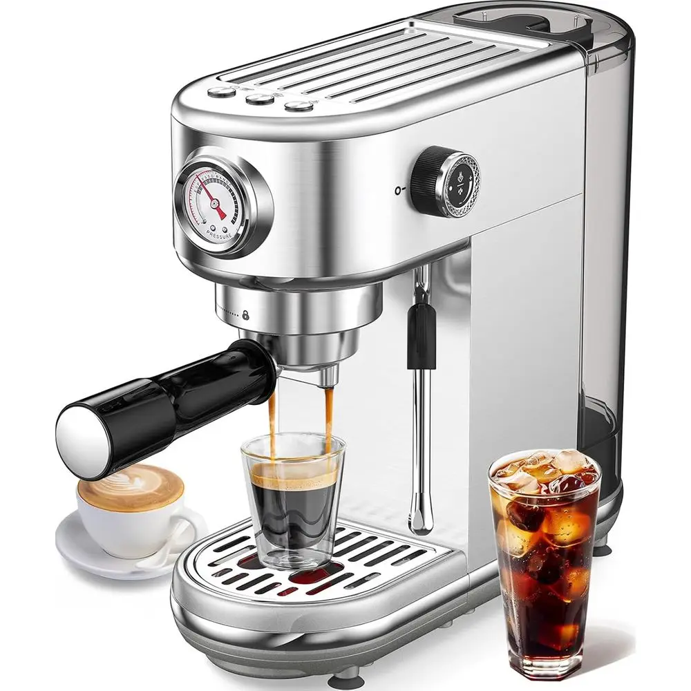 Milk Frother, 20 Bar Espresso Maker, 440Z Removable Tank, Compact Stainless Steel for Home, Office, Latte, Cappuccino, Espresso,