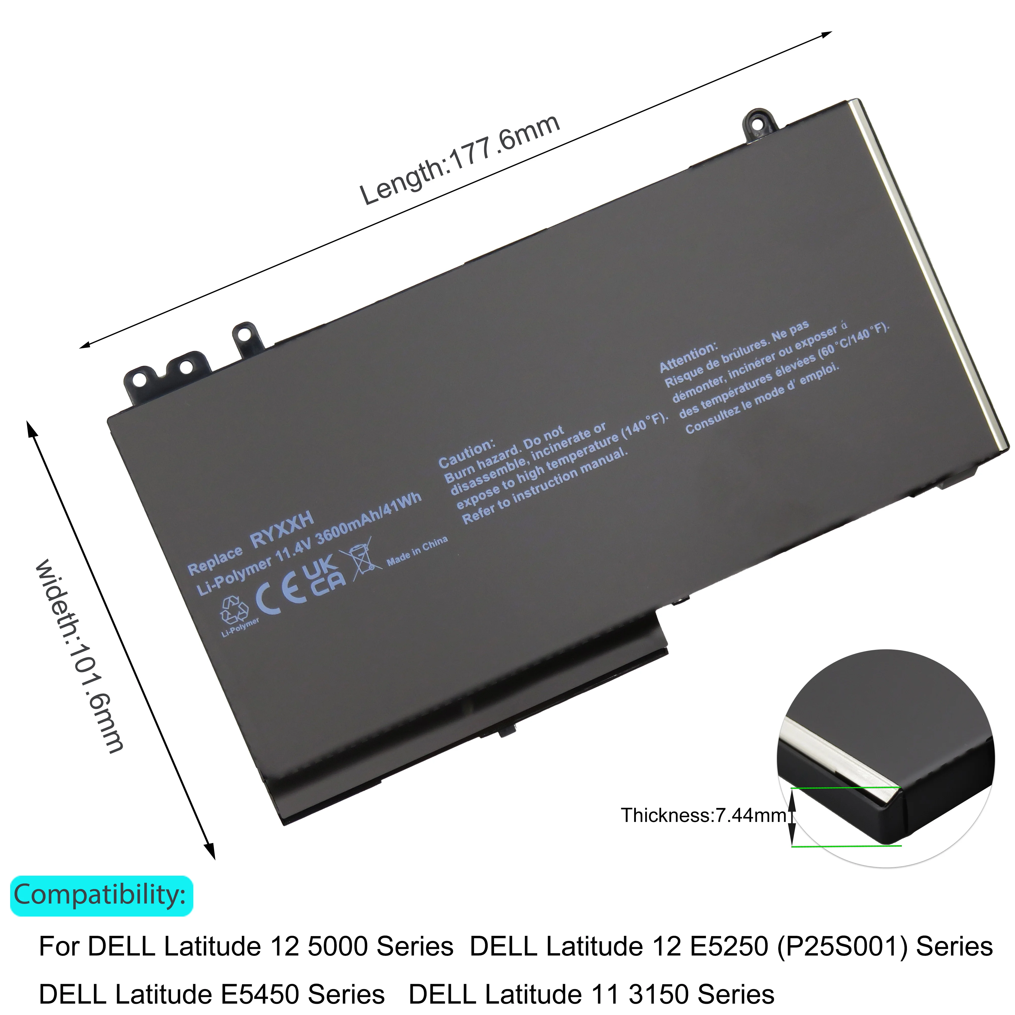 RYXXH Laptop Battery  for DELL Latitude 12 5000 E5250 P25S001 E5450 E5550 3150 P21T001 3160 Notebook 09P4D2 9P4D2 0YD8XC