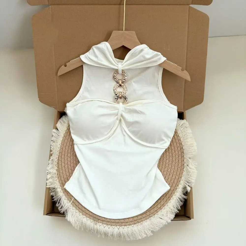 

Retro Metal Buckle Slim Crop Top Short Thin Women's Halter Vest Top Y2K Spicy Girl Style Sleeveless Camisole Seaside