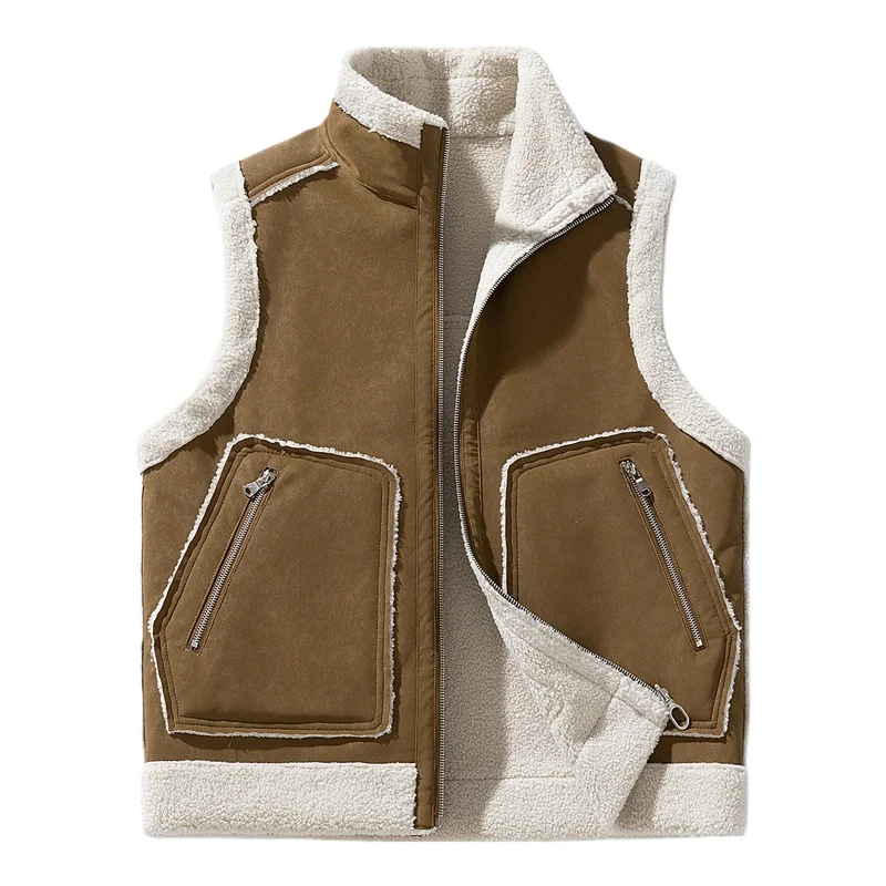 

Lamb Wool Sleeveless Reversible Jacket for Men Women Vintage Winter Vest Warm Stand Collar Zipper Pockets Designer Heating Vest