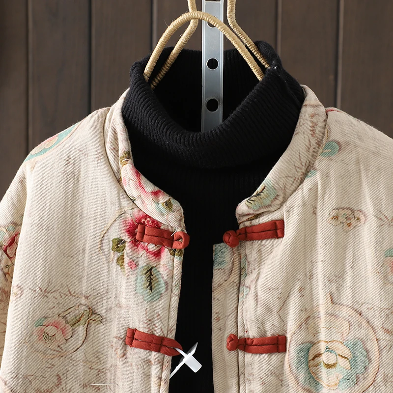 

Autumn Winter New Loose Casual Chinese Retro Print Cotton lin Button Women's Jaet Ethnic Sle Small Cotton Coat