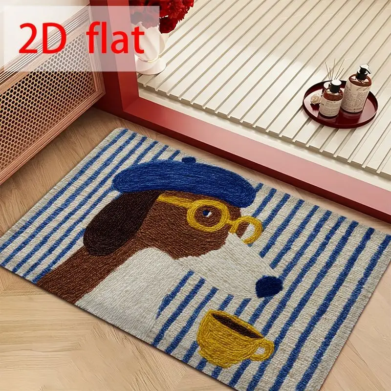VIKAMA French Retro Striped Dachshund Doormat, Absorbent Plush Bathroom Non-Slip Mat, Indoor/Outdoor Entryway Rug, Home Decor