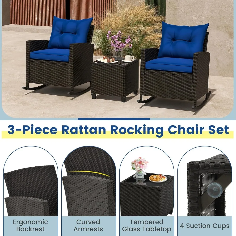 3 Pieces Patio Furniture Set, Outdoor Wicker Rocking Chairs with Soft Cushions, Glass Coffee Table, Rattan Conversation Bistro