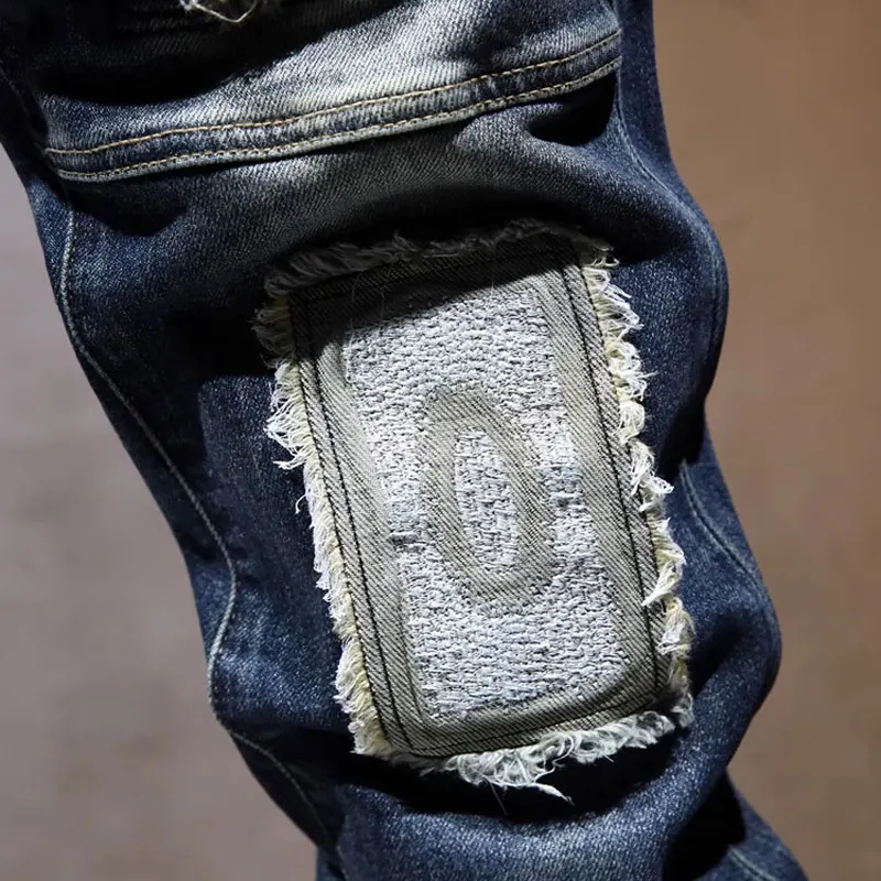 Street Designer Fashion Men Jeans Retro Blue Stretch Slim Fit Embroidery Patched Ripped Jeans Men Y2K Hip Hop Denim Pants Hombre