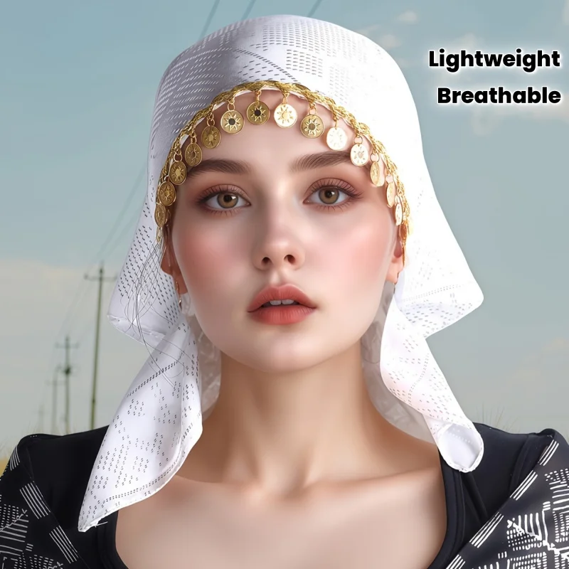 Traditional Muslim Headscarf Women's Polyester Triangle Turban Hat with Golden Beaded Chain Golden Beaded Accessory