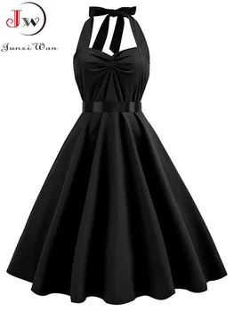 Image Sexy Halter Party Dress Women Summer Backless Vintage Dresses Retro Rockabilly Swing Robe femme Elegant  Midi Sundress