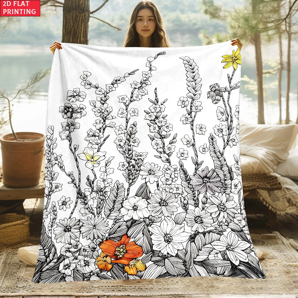 Wildflower Butterfly Coloring Cozy Throw Blanket, Line Art Couch Bed Warm Wrap for Camping, All Season Decor Gift