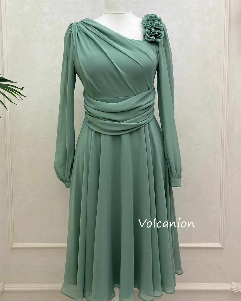 Gaun Midi A-line Bunga Buatan Tangan Terbungkus Sifon Kustom Tersedia Ukuran Kasual Sederhana Pesta Acara Dipesan Lebih Dahulu