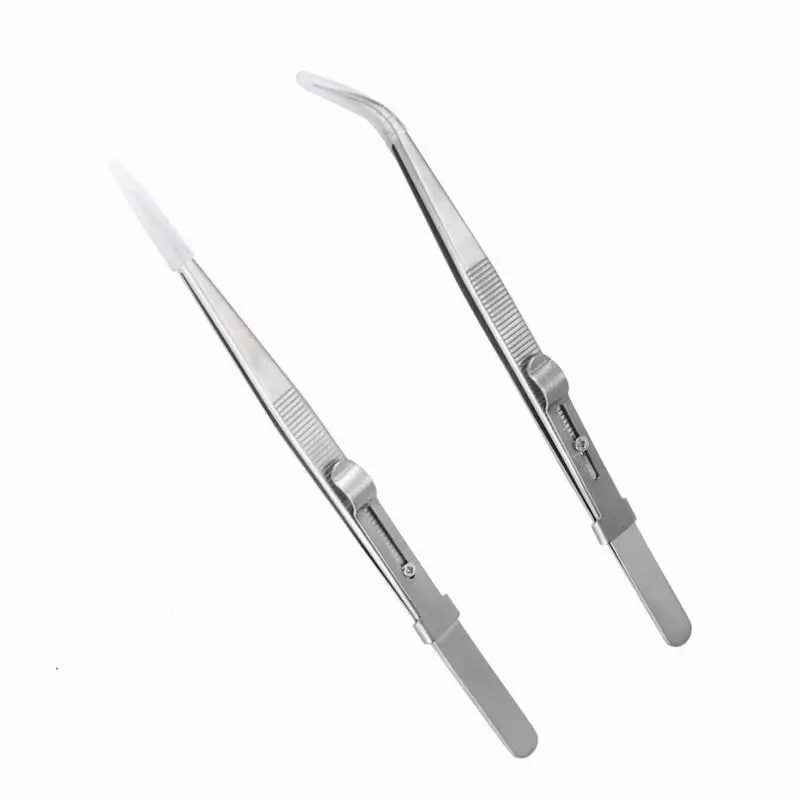 Stainless Steel Precision Tweezers with Sliding Lock Adjustable Tweezer Forceps Straight Curved Tip Dental Tools