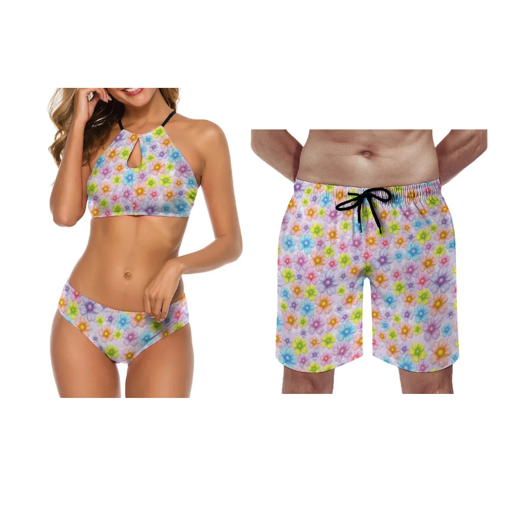 

Парная одежда с тропическим цветочным узором, женские бикини, мужские пляжные брюки, доступны настраиваемые узоры