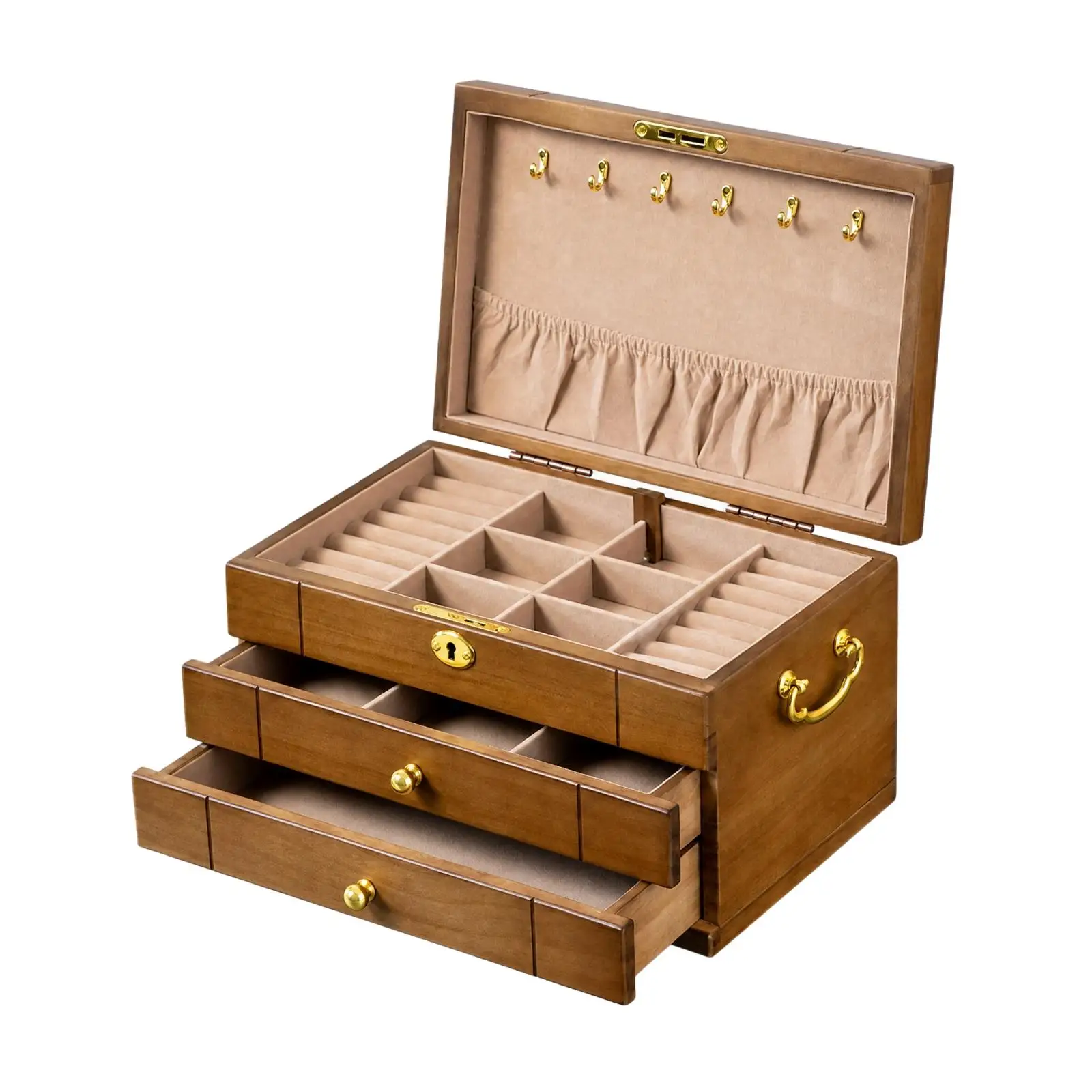 Wooden Jewelry Organizer Case with Divided Compartments and Drawer Secure Closure Storage Box for Women Accessories Holder