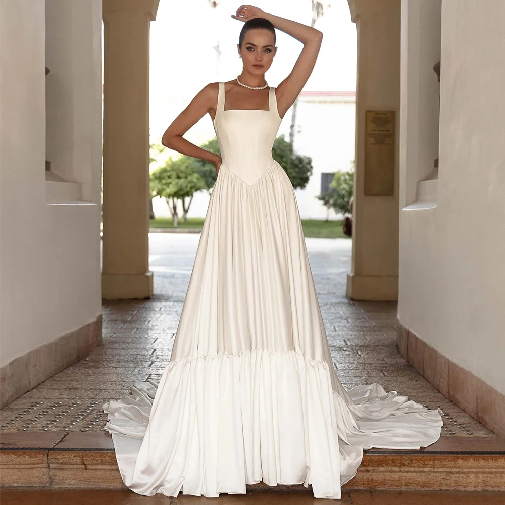 Customized Modern Wedding Dress Square Collar A Line Ivory Satin Wedding Gown for Woman 2026 Bride Ruched Sleeveless Bridal Gown