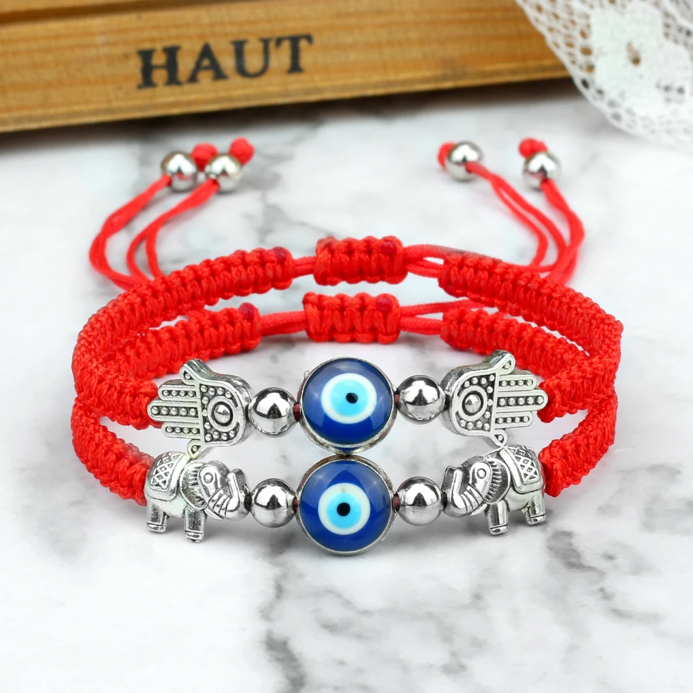 Pulseras turcas de mal de ojo azul, 2 unidades/juego, colgante de elefante de mano de Fátima, hilo de nailon rojo, joyería de la suerte ajustable para mujeres y hombres