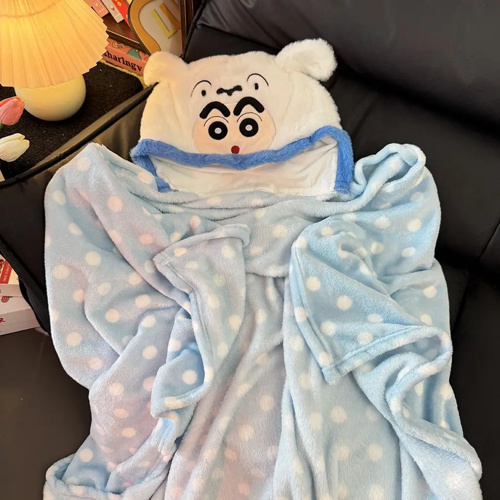 

Crayon Shin-Chan Wearable Hooded Blanket Soft Flannel Plush Throw with Sleeves Anime Character Pink Polka Dot Blanket for Office