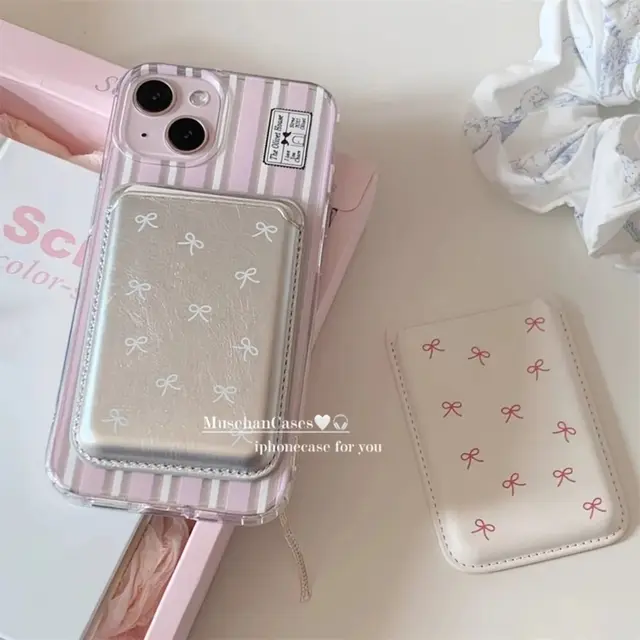 INS Koreańska urocza kokardka do magnetycznego etui na kartę Magsafe do iPhone'a 15 Pro Max Magnetyczny portfel na kartę Akcesoria do telefonu