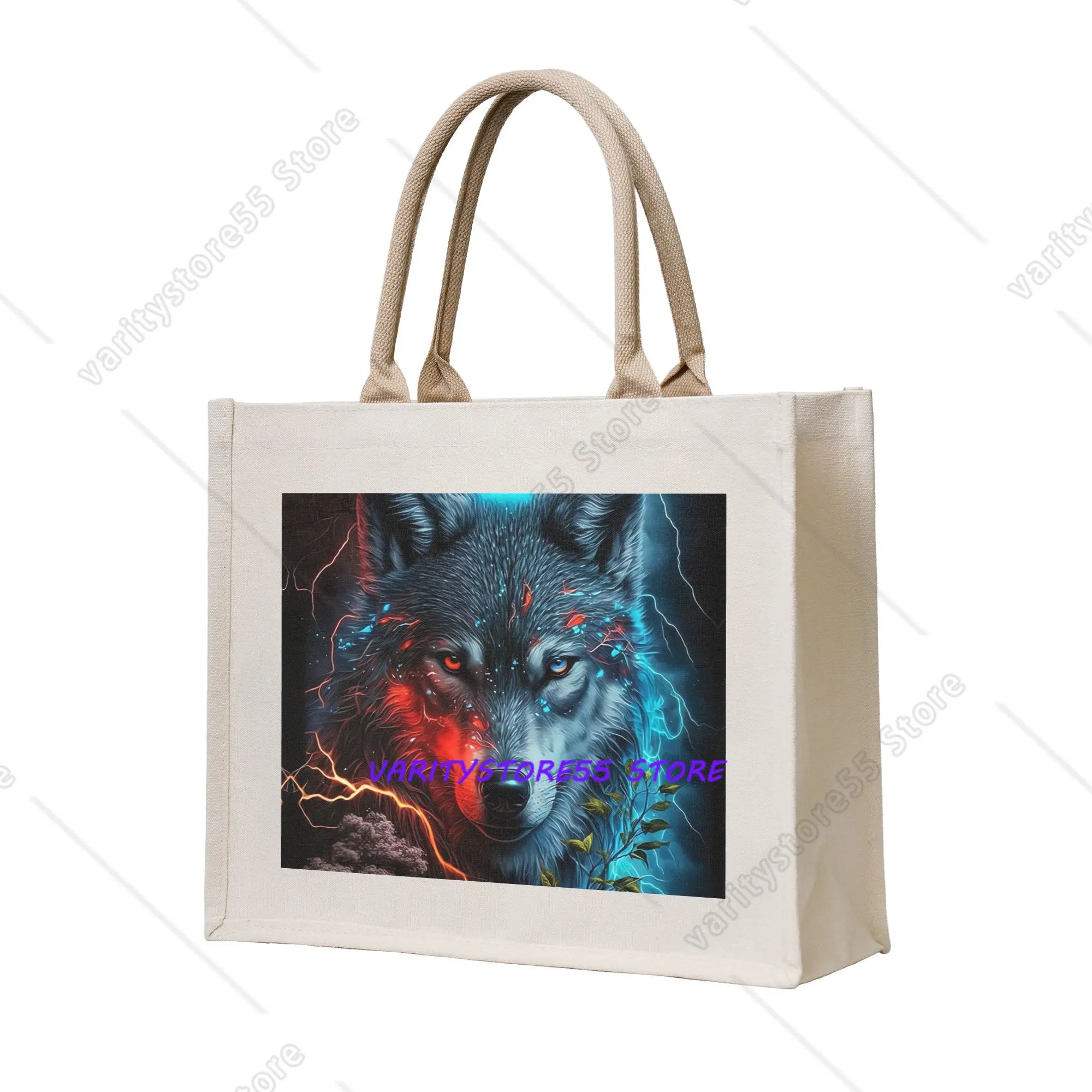 Kawaii Animal Wolf Shopping Tote Bags Portable  Grocery Shopper Shoulder Bag