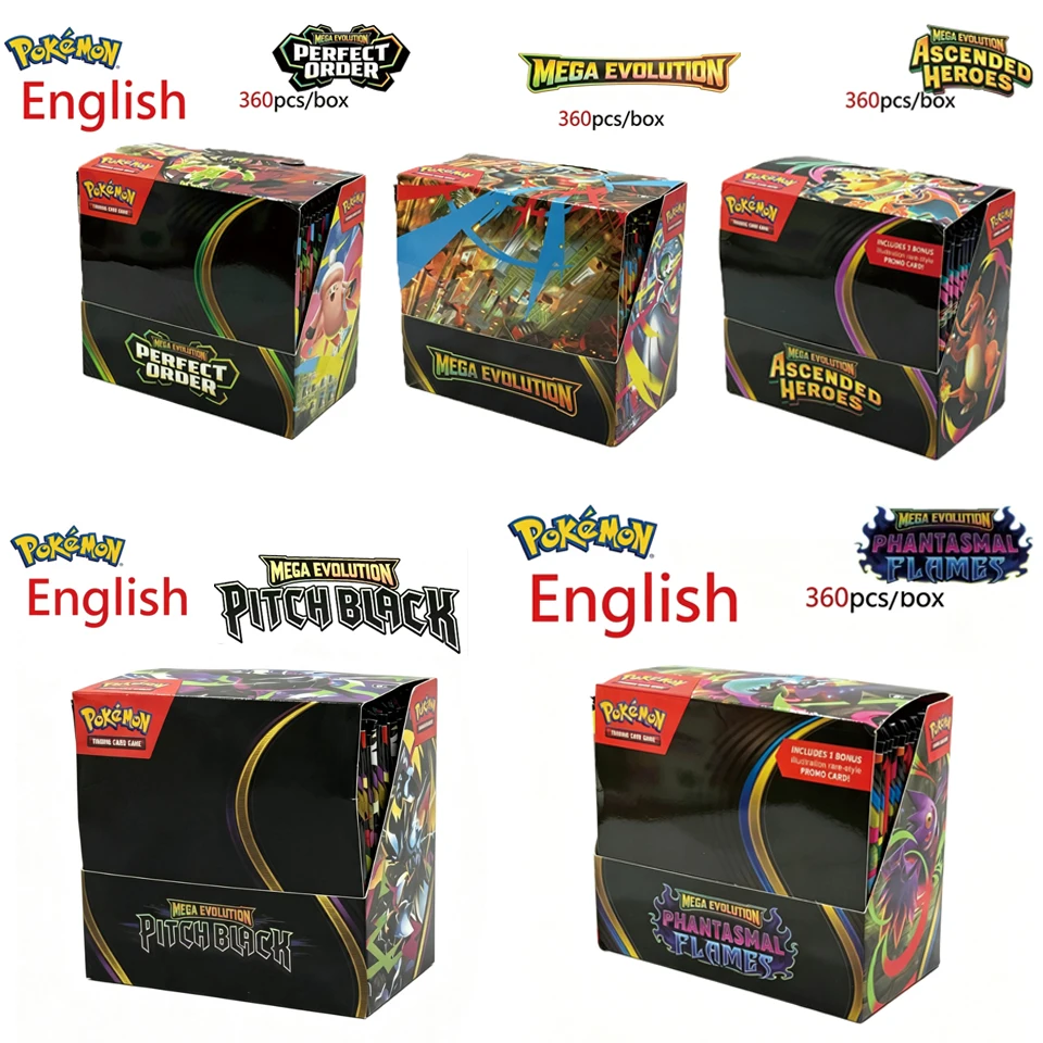 5 styles Mega Evolution Pokémon Booster Box Pitch Black Chaos Rising Ascended Heroes Phantasmal Flames Collectible Card Game