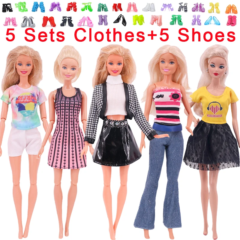 10 unids/set = 5 ropa hecha a mano + 5 pares de zapatos para Barbie vestido muñeca ropa 1/6 BJD Blyth juguetes para niñas