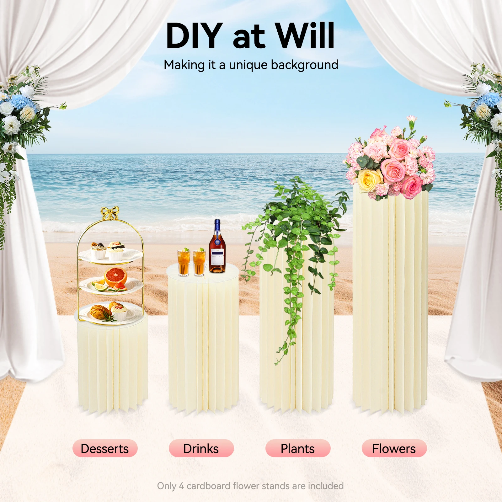 

4PCS Foldable Wedding Cardboard Flower Columns,Cardboard Centerpiece Display,Cylinder Pedestal Stands For Wedding Birthday