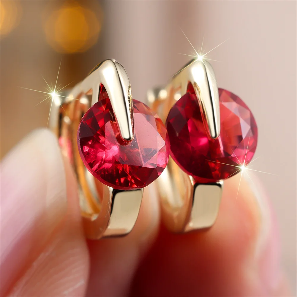 Pendientes de aro de piedra redonda pequeña de circón rojo rosa para mujer, hebilla de oreja de Color dorado Vintage, joyería de boda, regalos del Día de San Valentín
