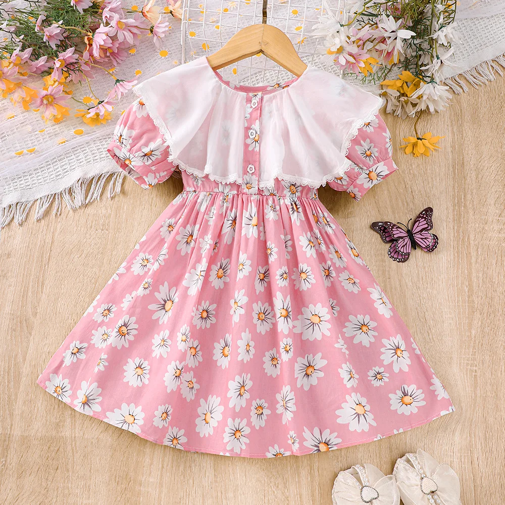 

2024 Summer New Arrival Girls Short Sleeve Peter Pan Collar Print Floral Blue Designer Cute Party Princess Dress Custume 18M-7T