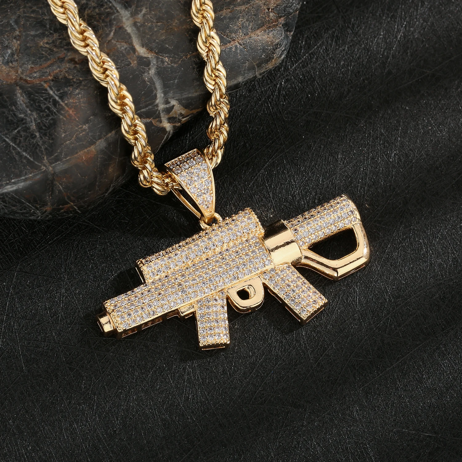 Men's Punk Pistol Pendant Necklace, 14K Brass Plated Gold, Jewelry Gift for Father or Boyfriend view 2
