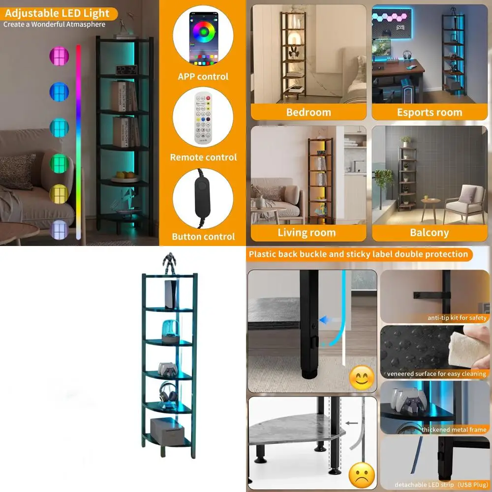 

66 6-уровневая угловая полка со светодиодной подсветкой, органайзер для книжного шкафа со стальным каркасом для гостиной, спальни, кабинета - черный