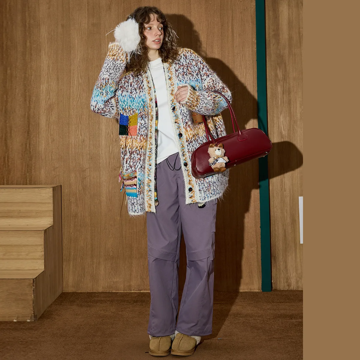 COOLHUT 2025, übergroßer Farbblock-Pullover für Damen, Strickjacke, Fledermausärmel, langer Mantel mit offener Vorderseite, schicke Strickwaren mit Lederaufnäher