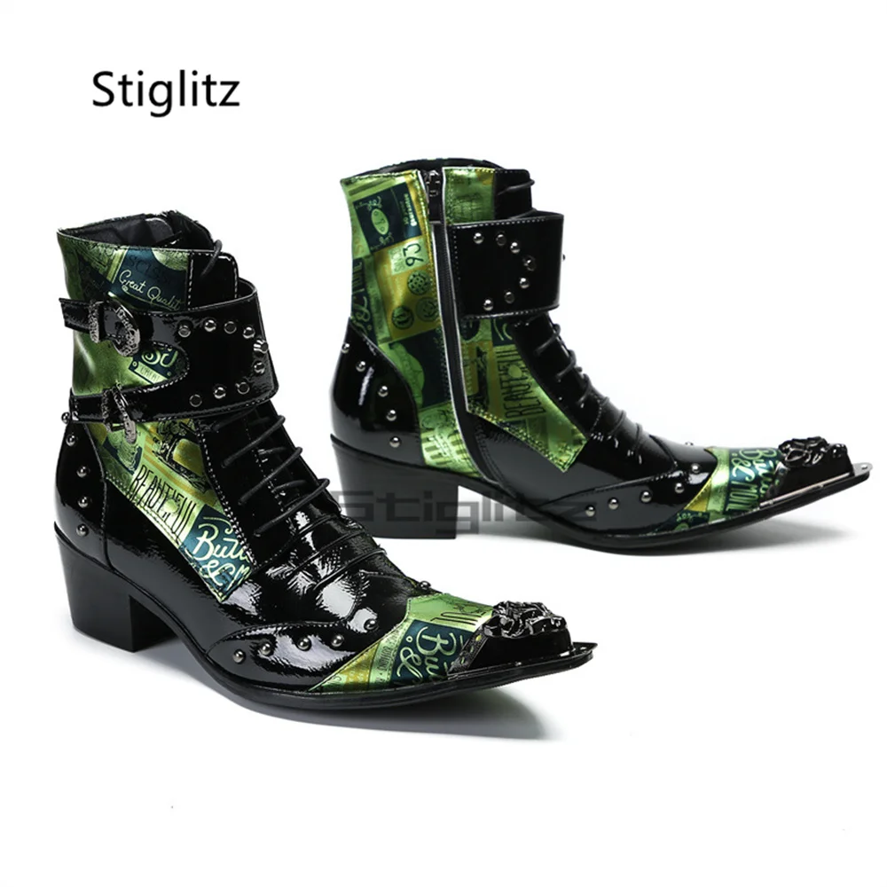 Black Gold Patent Leather Chelsea Boots Men Splicing Metal Toe Rivet Double Buckle Lace Up High Heels Western Short Boots