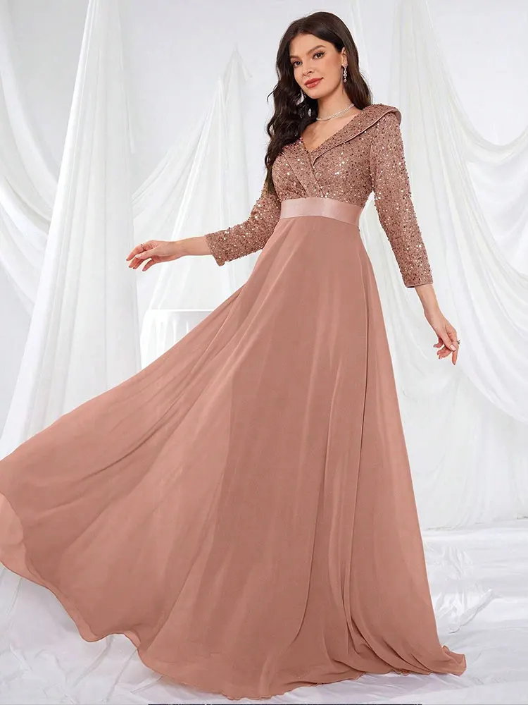 Long-sleeved V-neck sequined shiny chiffon floor-length evening dress autumn shiny bridesmaid banquet evening dress Prom Gown