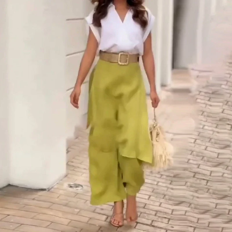 ชุดเซ็ต 2 ชิ้นสำหรับผู้หญิง ฤดูร้อน 2025 เสื้อคอวีแขนสั้นสุดหรู พร้อมกระโปรงและกางเกงขายาวทรงกว้าง แฟชั่นลำลอง ชุดสองชิ้นสำหรับผู้หญิง