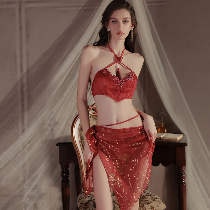 

Комплект нижнего белья Sweet Pure Desire с классической вышивкой: женский шифоновый топ для танца живота + мини-юбка с горячим разрезом, униформа