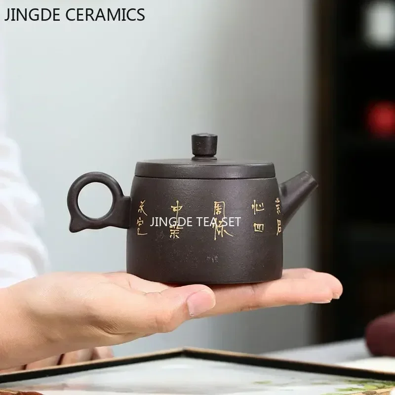 210ML Real Handmade Yixing Black Gold Sand Teapot Yixing Purple Clay Kettle Crane Pattern Meaning Health Longevity Puer Tea Pot