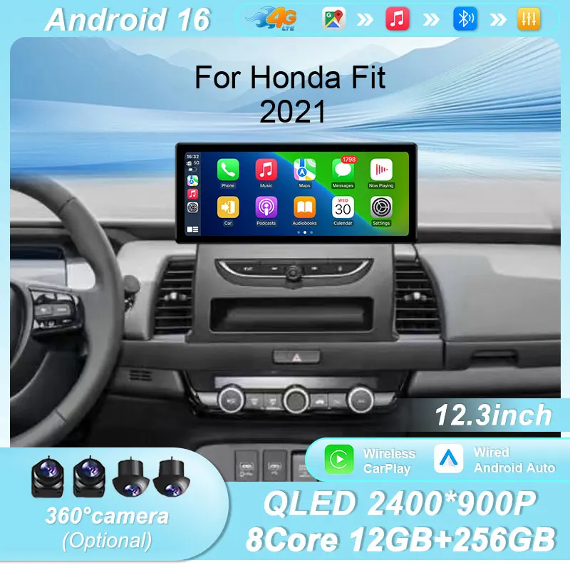Wireless CarPlay Android 16 12.3 Inch Car Stereo For Honda Fit 2021 GPS Bluetooth WiFi DSP IPS HD Touch Screen Multimedia Player