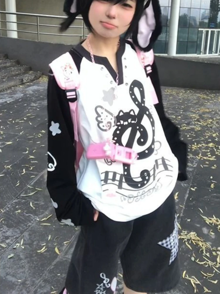 

HOUZHOU Y2k White Kawaii Graphic Juminocore Women T-Shirts Harajuku V Neck Long Sleeve Japanese Style Tees Oversized Cute Casual