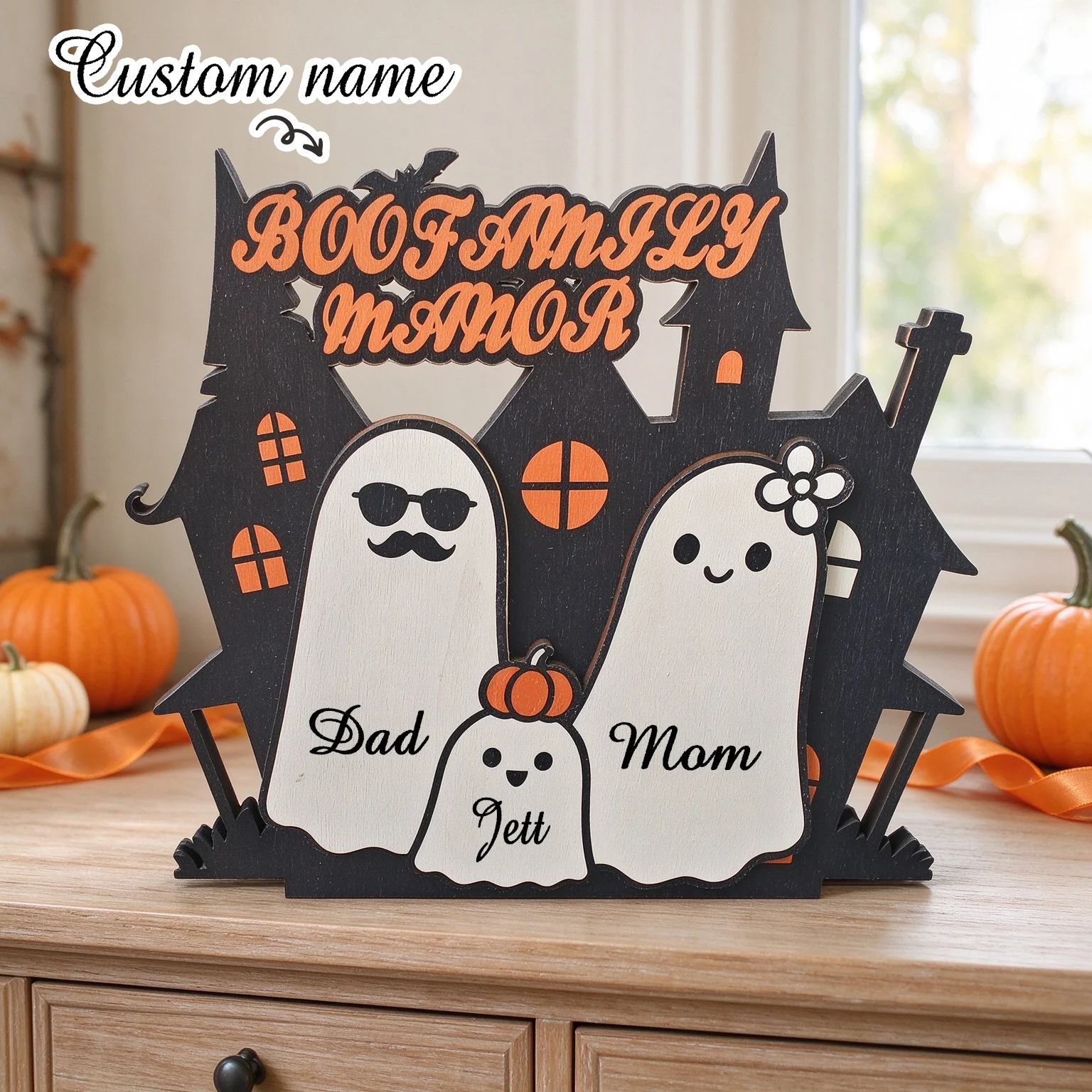 Personalized Ghost Squad Sign, Customizable Halloween Decorations with Ghost Family Names, Cute Halloween Decorations, Atmospheric Autumn Fireplace Ornaments, Ghost Family Theme. Personalized Halloween Family Wooden Ke