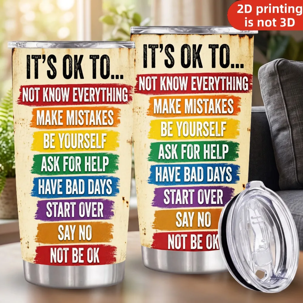 20oz It's OK To Not Be OK Mental Health Printed Stainless Steel Tumbler with Lid and Straw, Inspirational Rainbow Quote Retro Rust Sign Vacuum Insulated Travel Coffee Mug Gifts