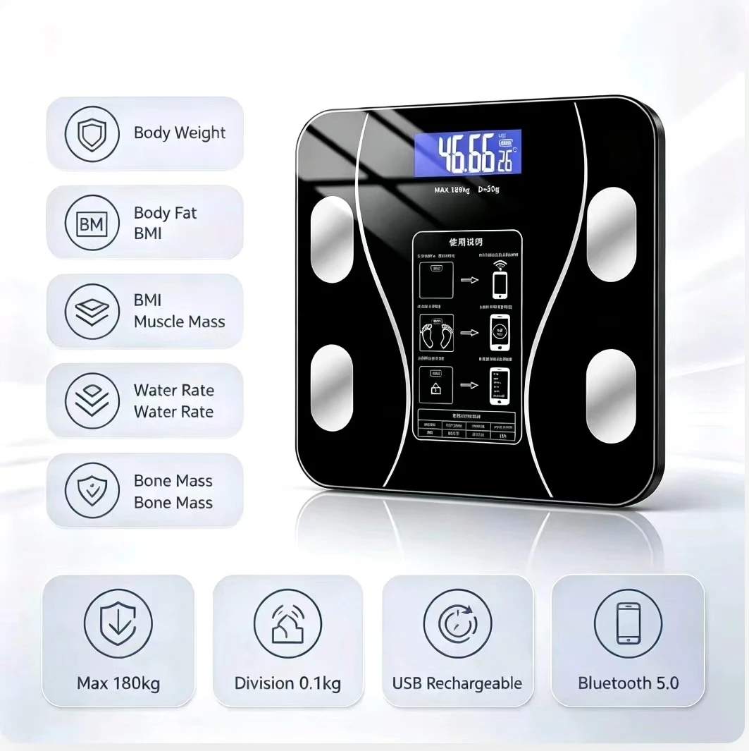 Intelligent Bluetooth Body Fat Scale USB Rechargeable Household Digital Weight Fat Scale