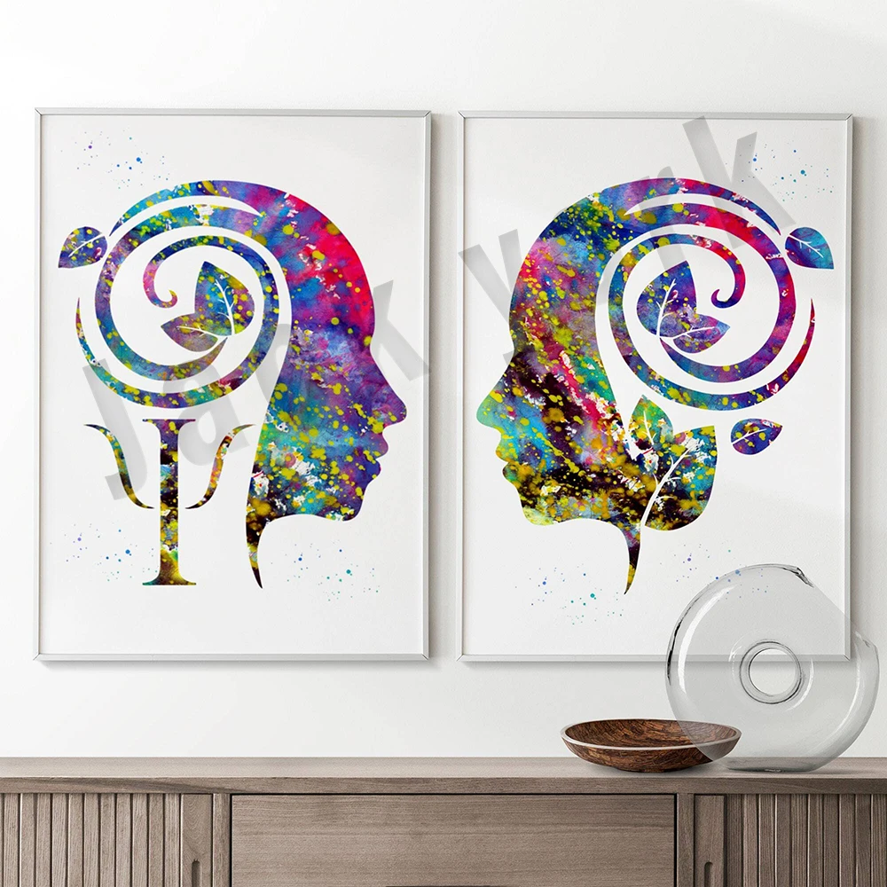 Psychology symbols and brain psi alphabet psi symbol psi art floral medical watercolor poster, Psych Major gift