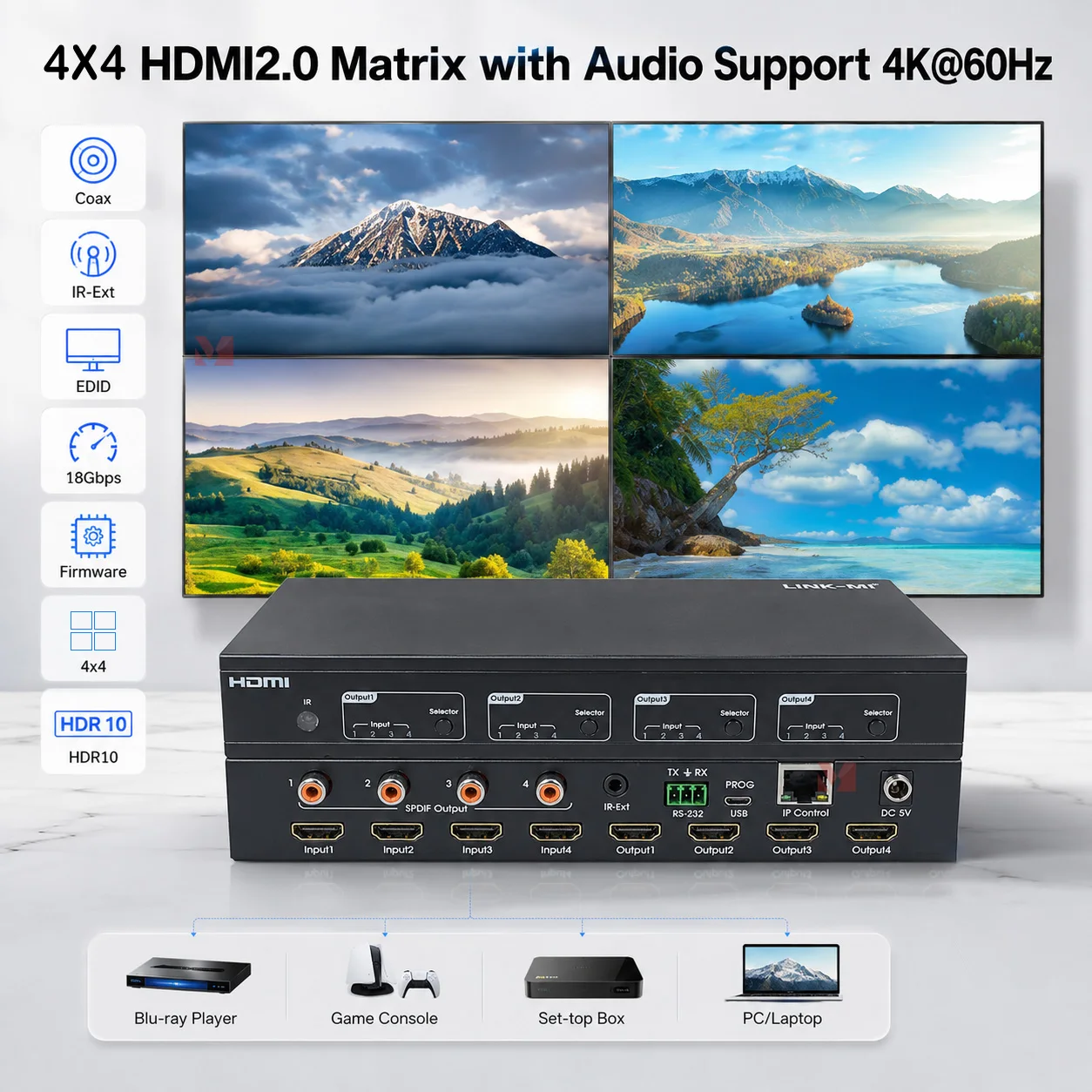 

4x4 HDMI 2.0 Matrix Switch 4K60Hz YUV4:4:4 18Gbps HDR Support for High-Definition Multimedia Interface