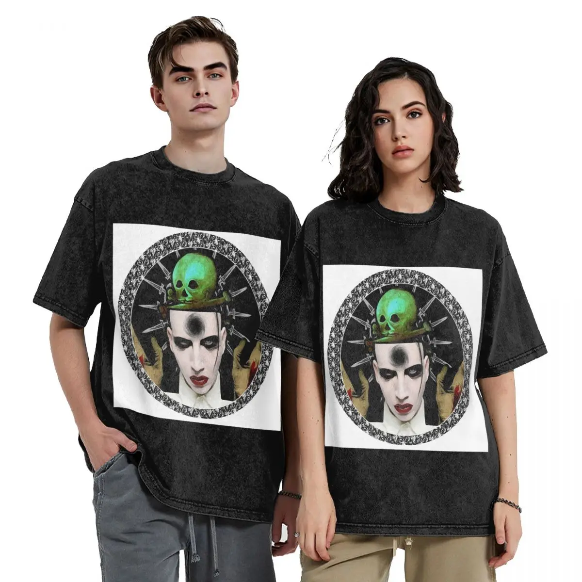 Marilyn Manson Hip Hop Short Sleeve T-Shirts Washed Tops Tees Streetwear T Shirt Cotton for Men Women