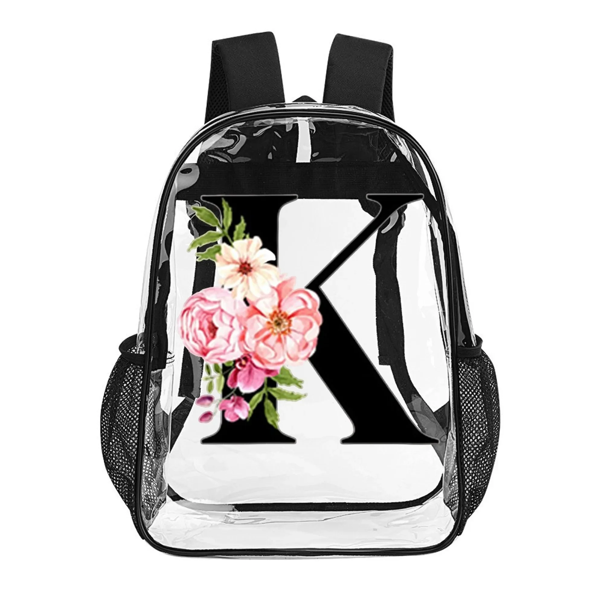 

16 in PVC Clear Backpack, Transparent Bag with K Letter Floral Pattern, Cute Stylish Gift for Girls’ School Shopping Occasions