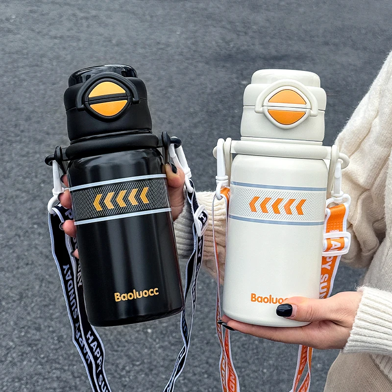 600ml Vacuum Insulated Stainless Steel Thermos Cup with Dual-Drinking Spout And Handle Sports Bottle with Shoulder Strap for Out